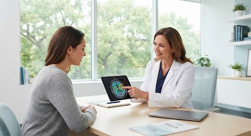 Neurological specialist in a white coat reviewing a brain scan on a tablet with a patient in a bright, modern clinical office