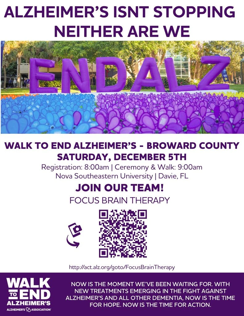 Focus Brain Therapy Alzheimer's Walk December 5 event invitation and registration QR code