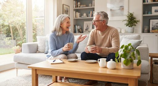 Active, healthy older couple talking over coffee in a bright, sunny contemporary living room