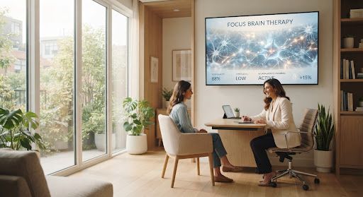 Modern clinical setting with a digital display of neural networks illustrating neuroplasticity