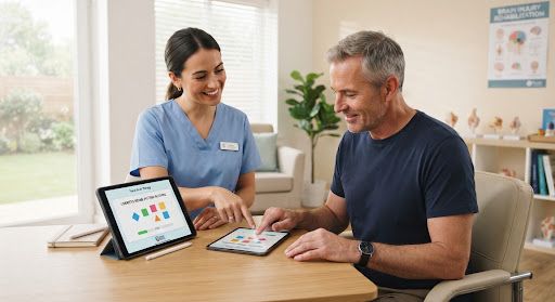Therapist guiding an adult patient through a cognitive exercise on a tablet in a bright clinical therapy room