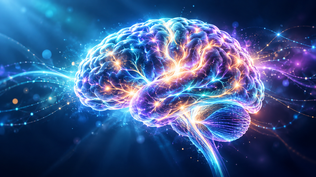 Illustration of a glowing brain with illuminated neural pathways, representing cognitive recovery after brain injury.