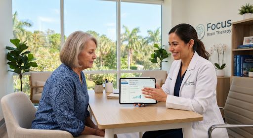 Clinical professional reviewing tablet with patient