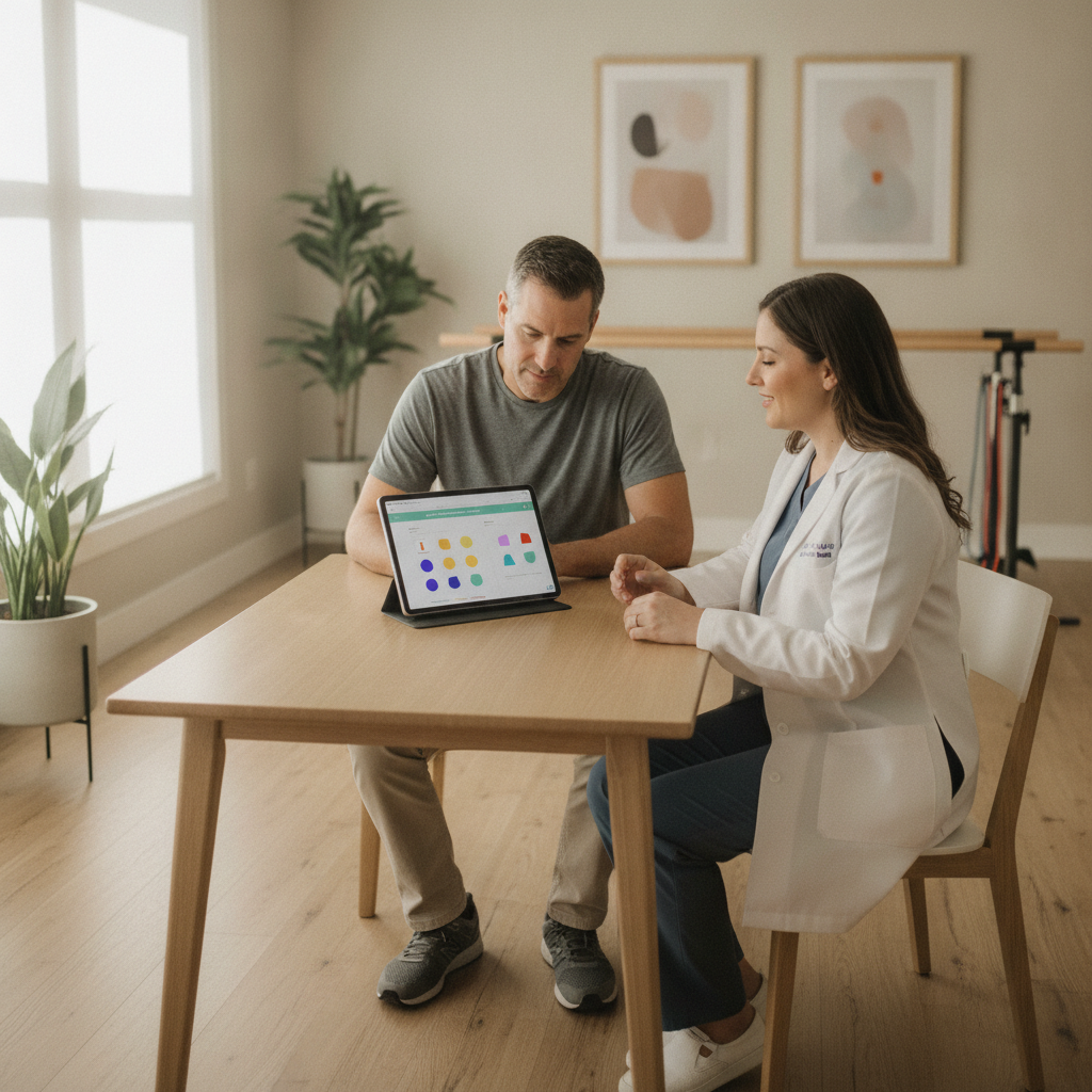 Patient completing an attention and memory assessment with a cognitive rehabilitation clinician after a concussion in South Florida.