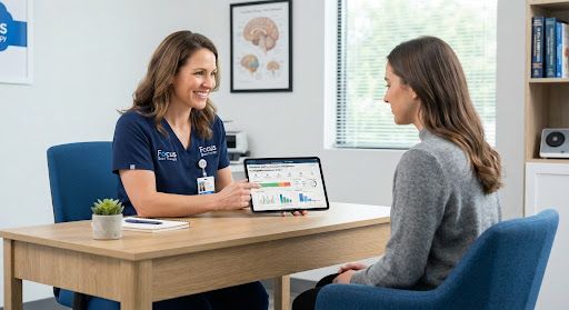 A clinician guiding a patient through a cognitive assessment in a calm, naturally lit clinical setting.