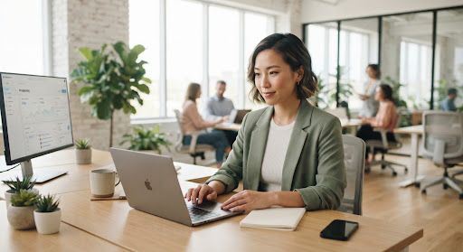 A focused young professional working on a laptop in a bright, modern office