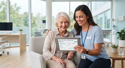 A caregiver supporting a loved one during a clinical consultation