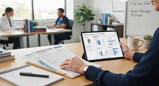 Clinical and administrative documentation being organized for a federal compensation case