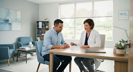 A clinician and a federal employee reviewing evaluation documents together in a bright consultation room