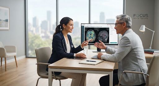 A doctor and a specialist reviewing a neurological scan together in a modern, brightly lit clinical consultation room