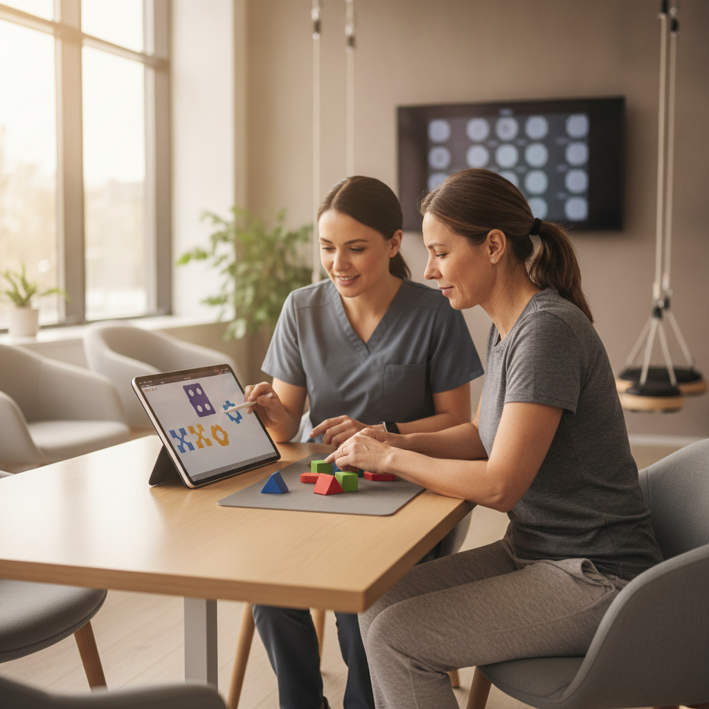Therapist guiding an adult patient through a cognitive exercise on a tablet in a bright clinical therapy room