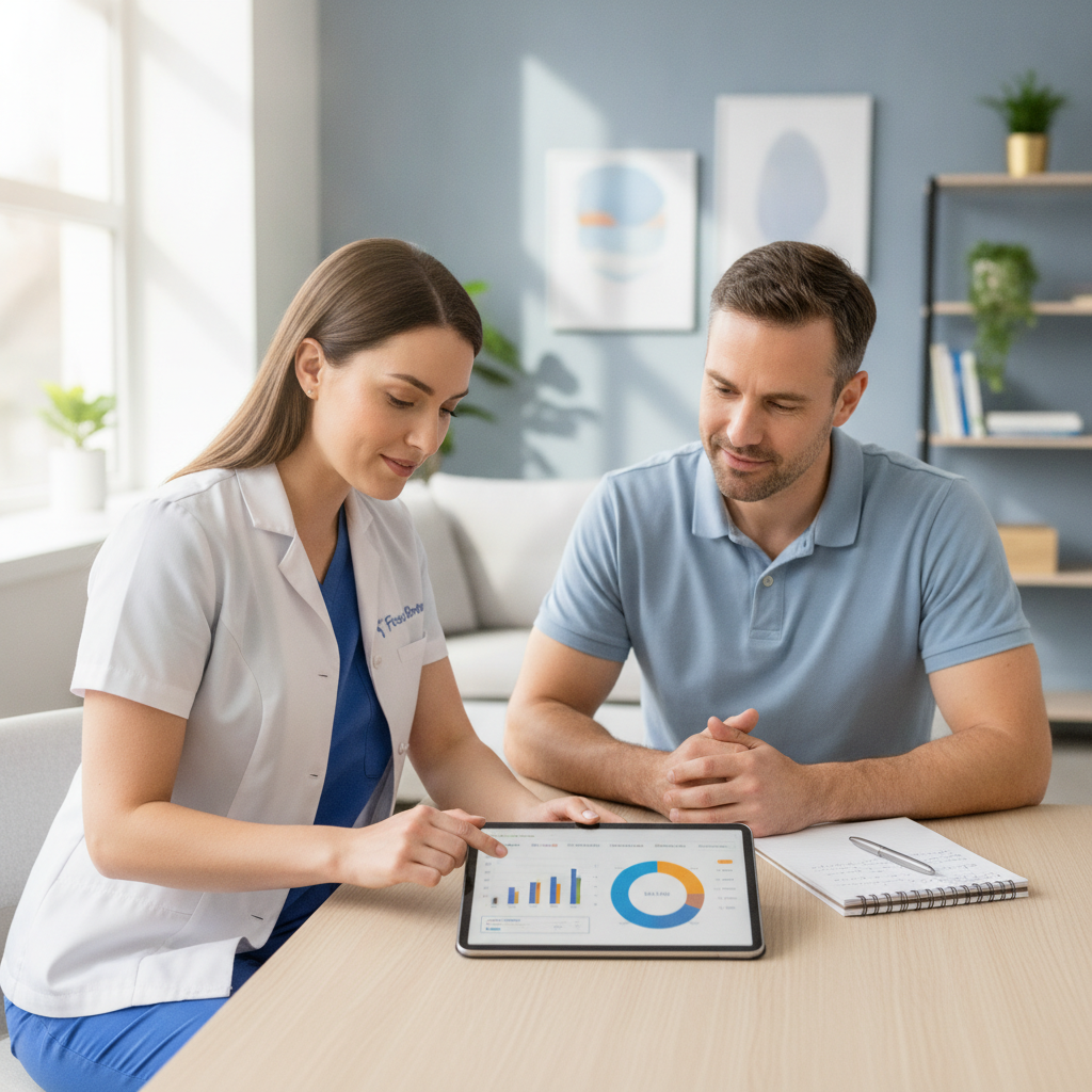 Clinician reviewing neurocognitive charts with a patient in a bright consultation room