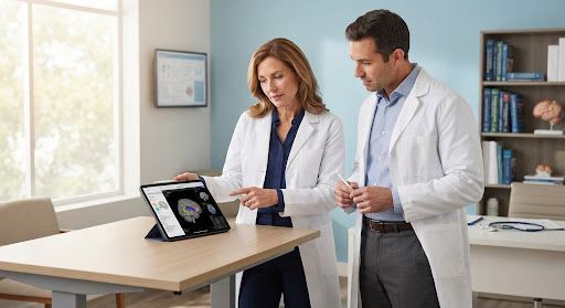 Clinicians collaborating over a patient care plan
