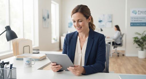 Clinical intake coordinator reviewing digital patient records on a tablet in a light-filled office