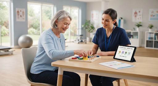 Older stroke survivor working with a clinical therapist on a cognitive and balance task in a light-filled rehabilitation space